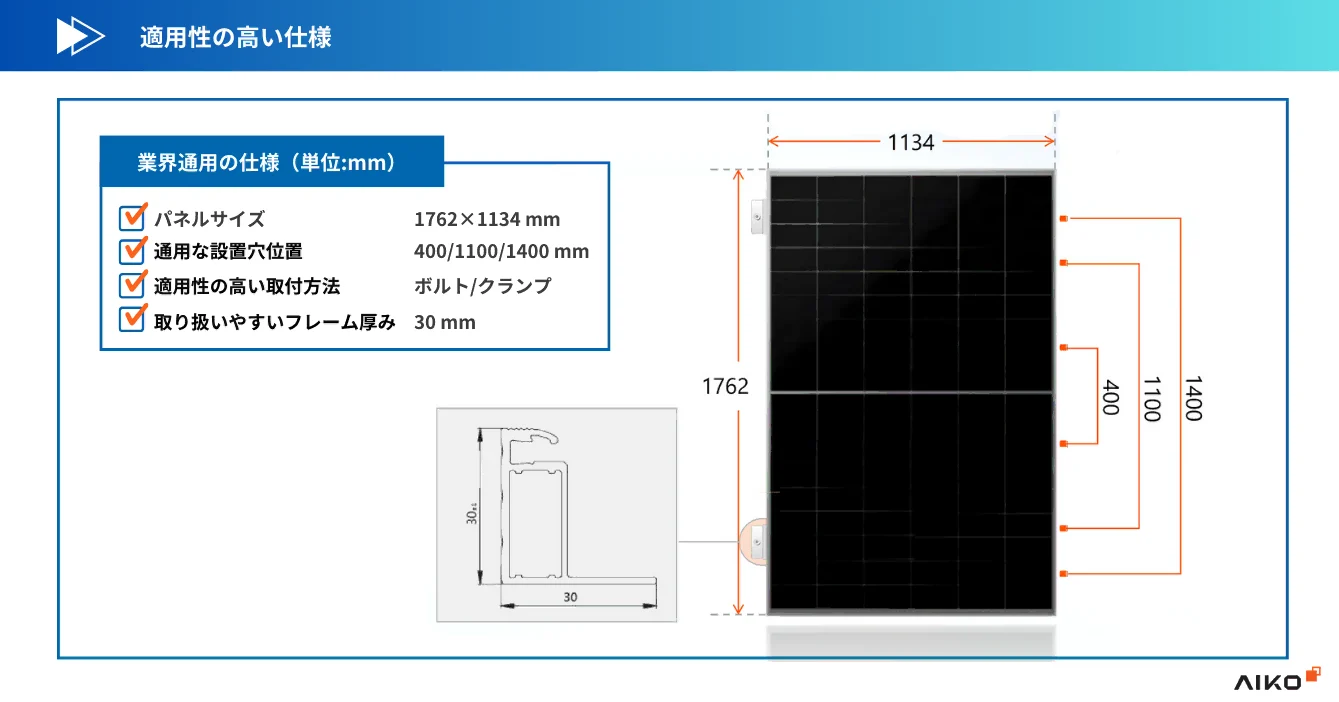 AIKO軽量太陽光パネルは適用性の高い仕様